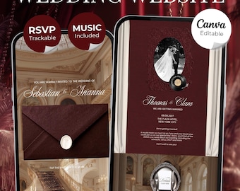May include: A digital wedding website template in burgundy and ivory featuring editable text, RSVP and music integration. The design displays a formal invitation layout with ornate frames, a wax seal envelope, and a grand staircase background.