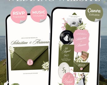 Olive Green & Pink Floral Wedding Website Template with RSVP, Music and Countdown Timer | Editable Canva Website (Digital Download)
