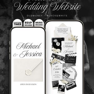 May include: A digital wedding website template for Canva displayed on two smartphones. The screens feature black and white graphics including a wax-sealed envelope, a vinyl record, film strips, a cassette tape, and text reading Michael & Jessica.