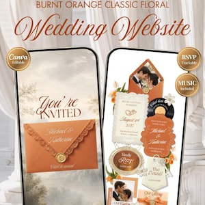 May include: Two smartphone screens displaying a burnt orange classic floral wedding website template. The screens feature text including You're INVITED, Michael & Katherine, August 8th 2027, RSVP, The Details, and Our Story, alongside floral graphics.