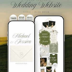 May include: A digital wedding website template for Canva featuring five pages in an olive green and white color scheme. The design includes an interactive RSVP form, a music player, and a countdown timer, displayed on two smartphone screens.