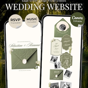 Könnte beinhalten: Eine digitale Hochzeits-Website-Vorlage in Salbeigrün und Beige mit Blumenmotiven, anpassbarem Text für Sebastian und Arianna, RSVP- und Musikoptionen, Fotoplatzhaltern und einer bearbeitbaren Canva-Oberfläche auf zwei Smartphone-Bildschirmen.