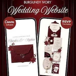 Op de afbeelding: Twee smartphones met een bordeauxrode en ivoorkleurige trouwwebsite-sjabloon. De schermen tonen tekst waaronder "A Little Something From Charles & Sophia", "Open Invitation", "The Details", "Our Story", "Gallery" en "RSVP" met bloemmotieven.