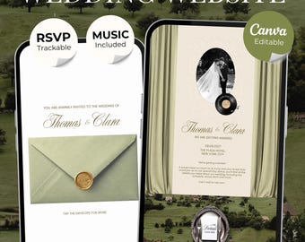 May include: A digital wedding website template displayed on two smartphones, featuring a sage green and ivory color palette. The screens show invitation text for Thomas and Clara, a wax-sealed envelope, a photo frame, and RSVP details.
