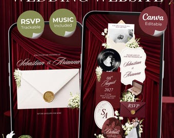 Burgundy Floral Wedding Website Template with RSVP, Music and Countdown Timer | Digital Wedding Template (Digital Download)
