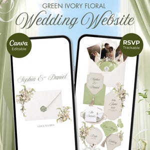 May include: Two smartphones display a green ivory floral wedding website template. The screens show invitation designs with the text Sophia & Daniel, 20th June 2027, The Details, Our Story, Rsvp, and Gallery, featuring wax seals and floral accents.