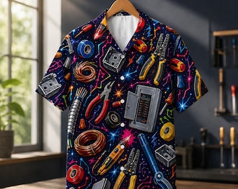 Electrician Hawaiian Shirt with Electrical Wire Cable Tester Tools and Colorful Technician Pattern