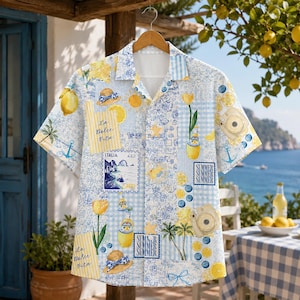 Medelhavs-italiensk capri med citron- och vintagemönster och lapptäcke, avslappnad passform, resortkläder, hawaiiskjorta