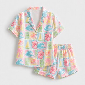 Pastel Coastal Tropical Satin Pajama Set Patchwork Beach Two Piece Sleepwear Button Up Loungewear
