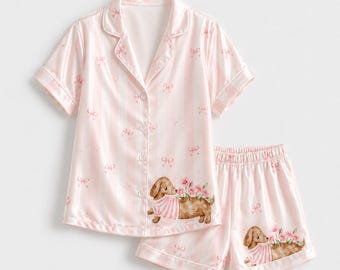 Pijama de seda color rubor para perros, ropa de estar por casa de manga corta con estampado de lazo carmesí, colección de ropa de dormir.