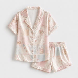 Op de afbeelding: Een pyjamaset met een pyjamashirt met korte mouwen en knoopsluiting en een bijpassende short met elastische tailleband in een patchworkpatroon van lichtroze, wit en zachtblauw. De stof heeft een herhalende print van bloemen en aardbeien.