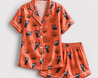 Halloween-Pyjama mit schwarzer Katze und Knopfleiste, gruselige Satin-Nachtwäsche mit Print, passendes Loungewear-Set, Herbst-Nachtwäsche