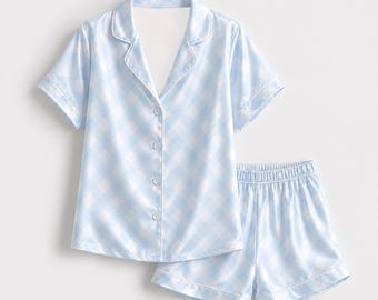 Blue Satin Gingham Pajama Apparel, White Checkered Pattern Sleeve Loungewear Sleepwear Collection Clothing