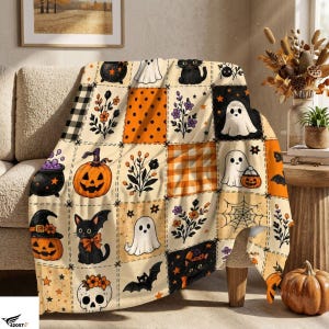 Halloween Ghost Fleece Blanket, Spooky Black Cat Throw Blanket, Pumpkin Patchwork Cozy Blanket, Cute Fall Halloween Home Decor Gift