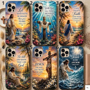 May include: Six rectangular phone cases featuring religious imagery and scripture. Designs include depictions of Jesus in various settings like beaches, forests, and crosses, with inspirational text such as Let Your Faith Be Bigger Than Your Fears.