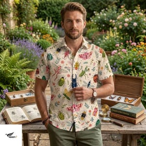 May include: A short-sleeved button-down shirt in cream featuring a colorful all-over print of various insects, beetles, and butterflies, paired with olive green trousers. The shirt has a classic collar and a full-length front button closure.