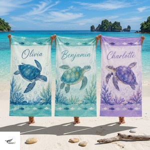 May include: Three rectangular beach towels featuring sea turtle illustrations and coral reef patterns. The towels are personalized with the names Olivia, Benjamin, and Charlotte in script font, displayed in blue, teal, and purple color schemes.