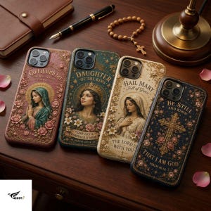May include: Four smartphone cases featuring religious imagery and text. The first is pink with a woman praying, the second is green with a woman and text, the third is cream with a woman and text, and the fourth is black with a gold cross.