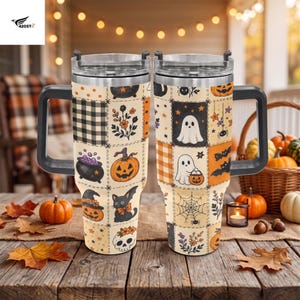 Halloween Ghost 40oz Tumbler with Handle, Spooky Black Cat Stainless Steel Mug, Pumpkin Patchwork Insulated Cup, Cute Fall Tumbler Gift