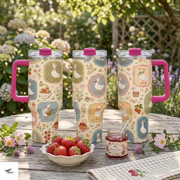 Cute Goose Tumbler 40oz, Cottagecore Duck Travel Cup with Handle, Vintage Floral Farmhouse Tumbler, Silly Goose Gift for Her