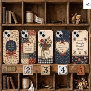 Christian Patchwork Phone Case, Vintage Floral Bible Verse Case, Cottagecore Faith iPhone Cover, Coquette Rustic Americana Gift