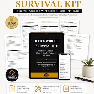 May include: An Office Worker Survival Kit digital product set featuring printable cheat sheets, checklists, and troubleshooting cards for Windows, Outlook, Word, Excel, Teams, and PDF basics. Includes a 13-page PDF, instant download, and practice worksheets.