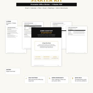 Puede incluir: Un kit de inicio para asistente administrativo con una carpeta de oficina en PDF de 15 páginas, imprimible y rellenable. Incluye documentos para correo electrónico, calendario, archivos, Excel, reuniones y hojas de trabajo. Texto incluido.