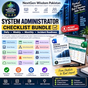May include: A System Administrator Checklist Bundle digital toolkit featuring a document cover and an Excel tracker spreadsheet. The graphic includes text labels for daily, weekly, and monthly tasks, incident readiness, and IT operations management.