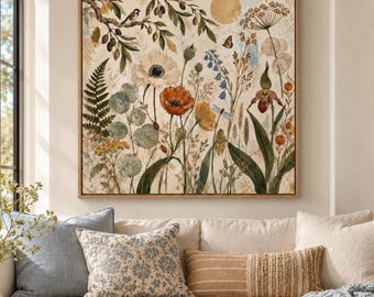 Wildflower Herbarium Canvas Print, Vintage Botanical Natural History Art, Poppies, Olive Branch & Golden Sun Wall Art