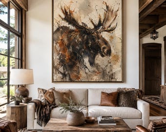 Moose Wall Art, Large Rustic Wildlife Canvas in Brown, Charcoal and Cream