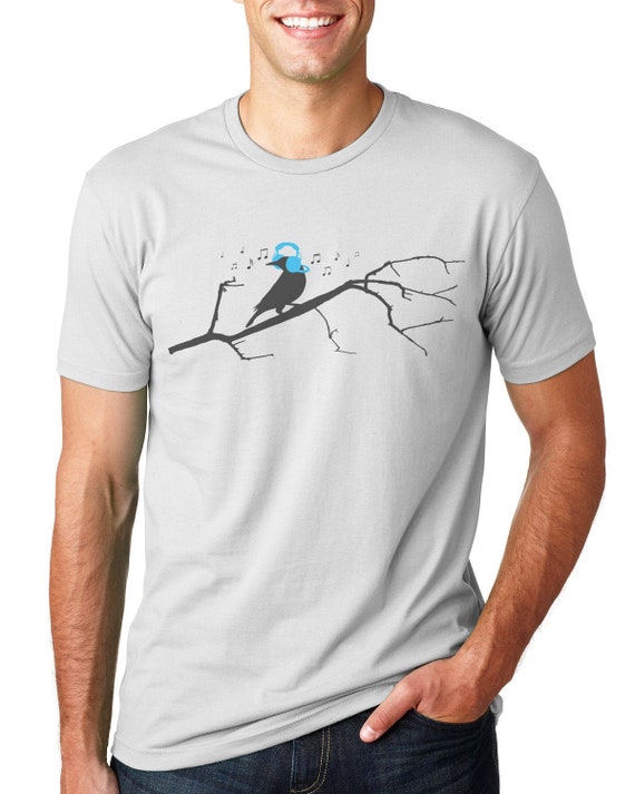 Men's T Shirt Bird on a Tree Listening to Headphones | Etsy