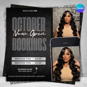 May include: A black promotional flyer for October bookings featuring a photograph of a person with long dark wavy hair wearing a beige top. The text reads OCTOBER Now Open BOOKINGS, SERVICES TITLE, and BOOKING.AS.ME NEW CLIENT SPECIAL.
