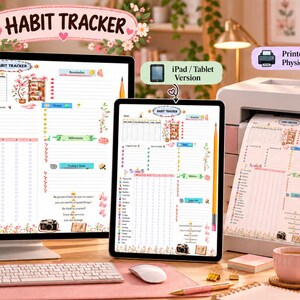 Könnte beinhalten: Eine digitale Gewohnheits-Tracker-Vorlage auf einem Computermonitor, einem Tablet-Bildschirm und einem ausgedruckten Blatt Papier. Das Layout enthält einen Monatskalender, tägliche Checklisten und florale Dekorelemente mit dem Text Habit Tracker.