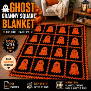 Könnte beinhalten: Eine Häkeldecke mit einem wiederkehrenden Granny-Square-Muster aus orangefarbenen Geistermotiven auf schwarzem Hintergrund, umrandet von einer orangefarbenen Bogenkante. Der Text GHOST GRANNY SQUARE BLANKET CROCHET PATTERN ist zusammen mit Hinweisen für Anfänger abgebildet.