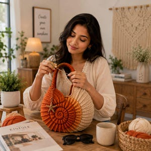 May include: A round, crocheted handbag featuring a spiral shell design in gradient shades of burnt orange, rust, and cream. The bag includes a small, dangling starfish charm attached to the handle, showcasing intricate yarn texture and stitching.