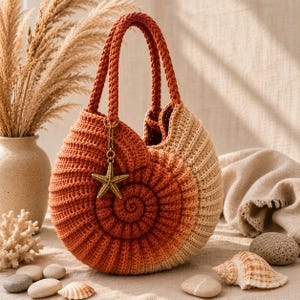 Könnte beinhalten: Eine runde, gehäkelte Handtasche in Form eines Nautilus-Gehäuses mit einem Farbverlauf von gebranntem Orange zu Beige. Die Tasche hat zwei geflochtene Henkel und einen goldfarbenen Metallanhänger in Form eines Seesterns am oberen Griff.