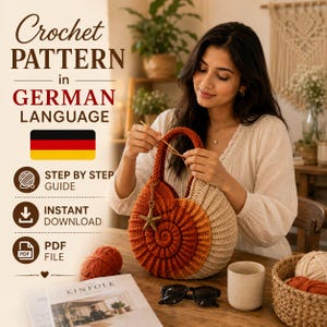 May include: A round crochet bag featuring a spiral shell design in gradient shades of rust orange and cream. The bag includes a metallic starfish charm attached to the handle. Text on the image reads Crochet Pattern in German Language.