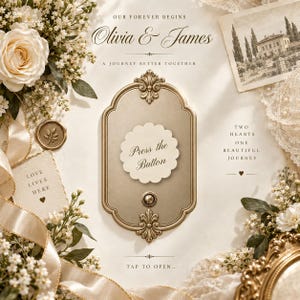 May include: A decorative gold-toned wall plate featuring an ornate border, a central scalloped white label with the text 'Press the Button', and a small circular button below. The plate is surrounded by white roses, ribbons, and printed cards.