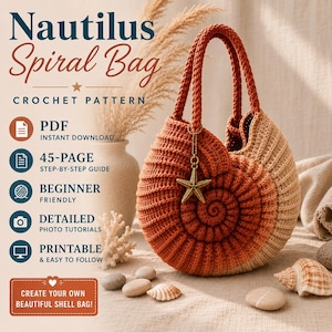 Nautilus Inspired Crochet Purse Pattern PDF, Spiral Shell Bag Tutorial, Beach Style Shoulder Bag Crochet Pattern ,Snail Shoulder Purse
