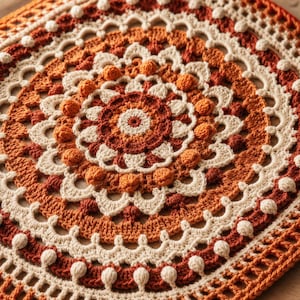 Könnte beinhalten: Eine runde Häkeldecke mit einem Mandala-Muster in den Farben Creme, gebranntes Orange und Rost. Das Design umfasst komplizierte Maschen, darunter Büschel, Muscheln und erhabene Noppenakzente, die in konzentrischen Ringen angeordnet sind.