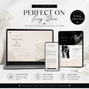 May include: A digital display showing a wedding website design on a laptop, tablet, and smartphone. The screens feature the text William & Sophia, a contact form, and event details. The layout is responsive, with black and white text on a neutral background.