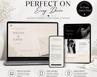 Ivoren monogram trouwwebsite sjabloon, bewerkbare trouwwebsite met onthullingsenvelop, trouwwebsite sjabloon Canvas,