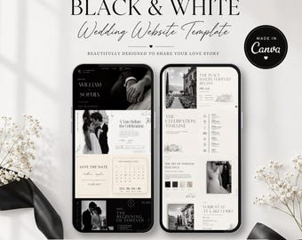 Plantilla de sitio web de boda con monograma color marfil, sitio web de boda editable con sobre revelador, plantilla de sitio web de boda en lienzo.
