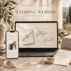May include: A wedding website template displayed on a laptop and smartphone screen. The design features a cream background, elegant black serif and script typography, and an image of an envelope with a wax seal. Text includes Maya & Hunter.