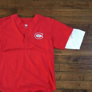Montreal Canadiens Henley tshirt red vintage chalk line NHL hockey shirt stitched crest medium