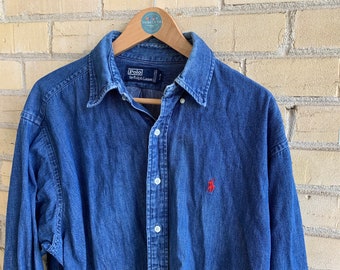 Vintage 90s Polo Ralph Lauren denim button down Oxford shirt - Made in Canada - adult XL