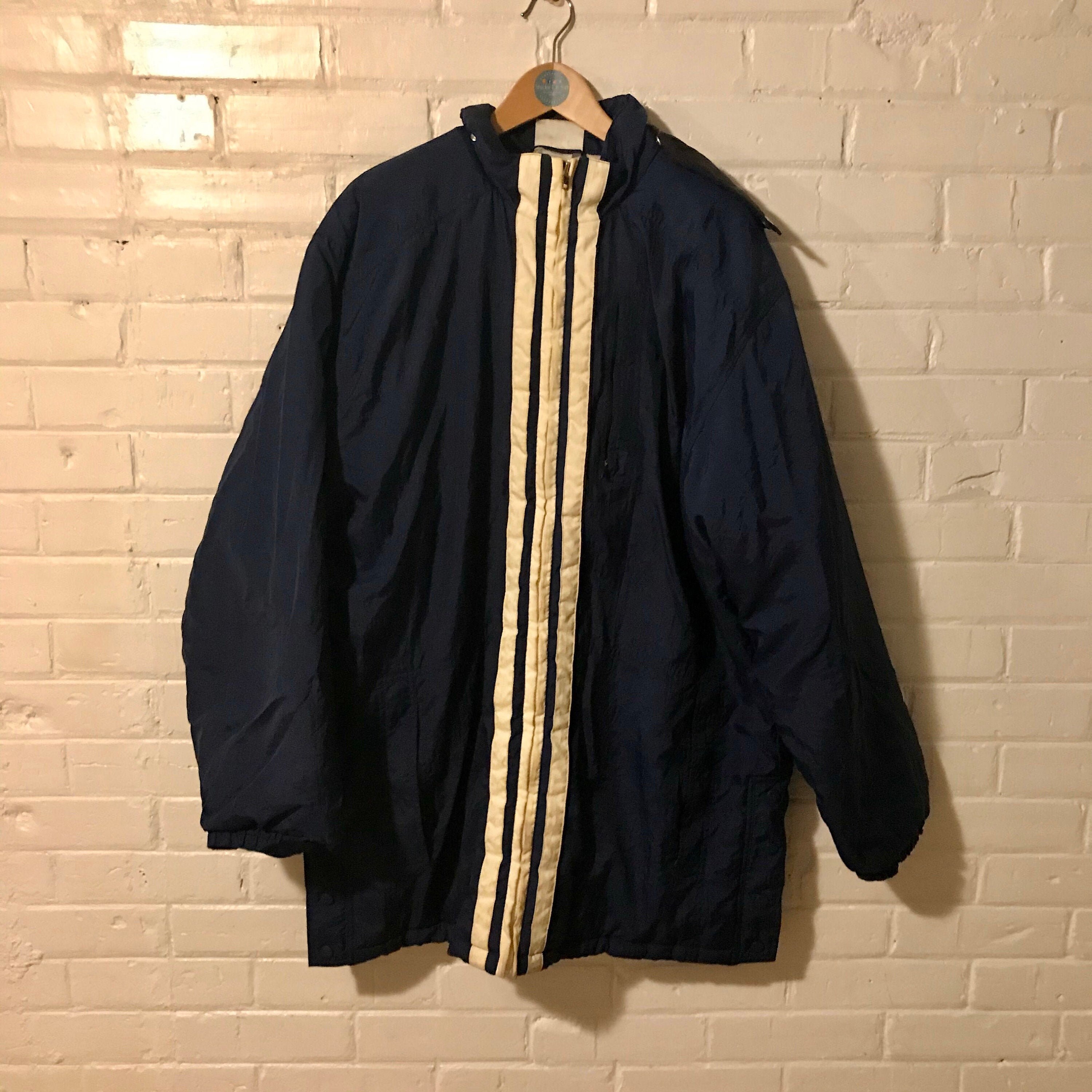 Adidas winter jacket navy blue vintage 3 stripes hooded Etsy