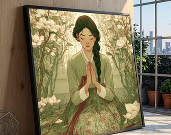 Serene Woman Praying Canvas, Floral Garden Scene, Calm Meditation Wall Art, Peaceful Home Decor, Elegant Nature Illustration