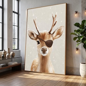 Whimsical Deer with Eye Patch Canvas, Winter Animal Wall Art, Cute Wildlife Illustration Canvas, Snowy Forest Decor, Playful Animal Portrait