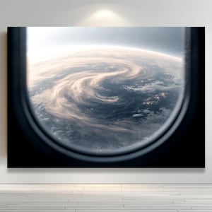 May include: A rectangular wall art print featuring a view of Earth from space as seen through a rounded aeroplane window. The image displays swirling white cloud formations over a dark blue ocean surface with faint glowing lights visible below.